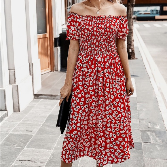 🌺🆕Floral Off The Shoulder Side Slit Dress - Picture 3 of 5